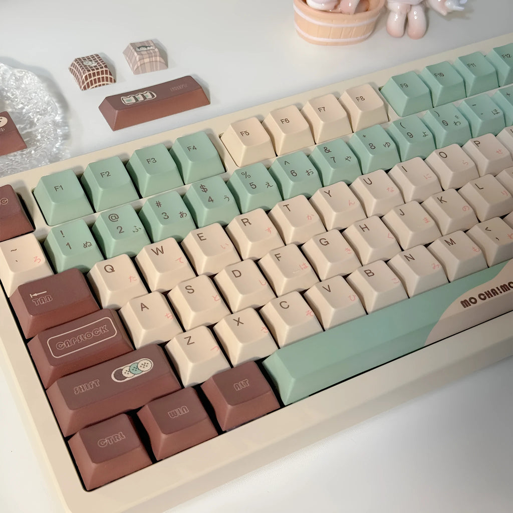 Matcha green mechanical keyboard keycap set with five-sided sublimation printing and key puller tool on a white background.