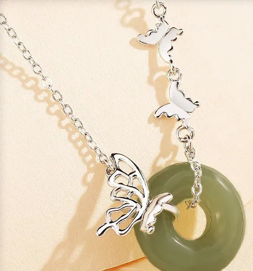 925 silver butterfly necklace with inlaid jade peace buckle on a chain, with matching bracelet