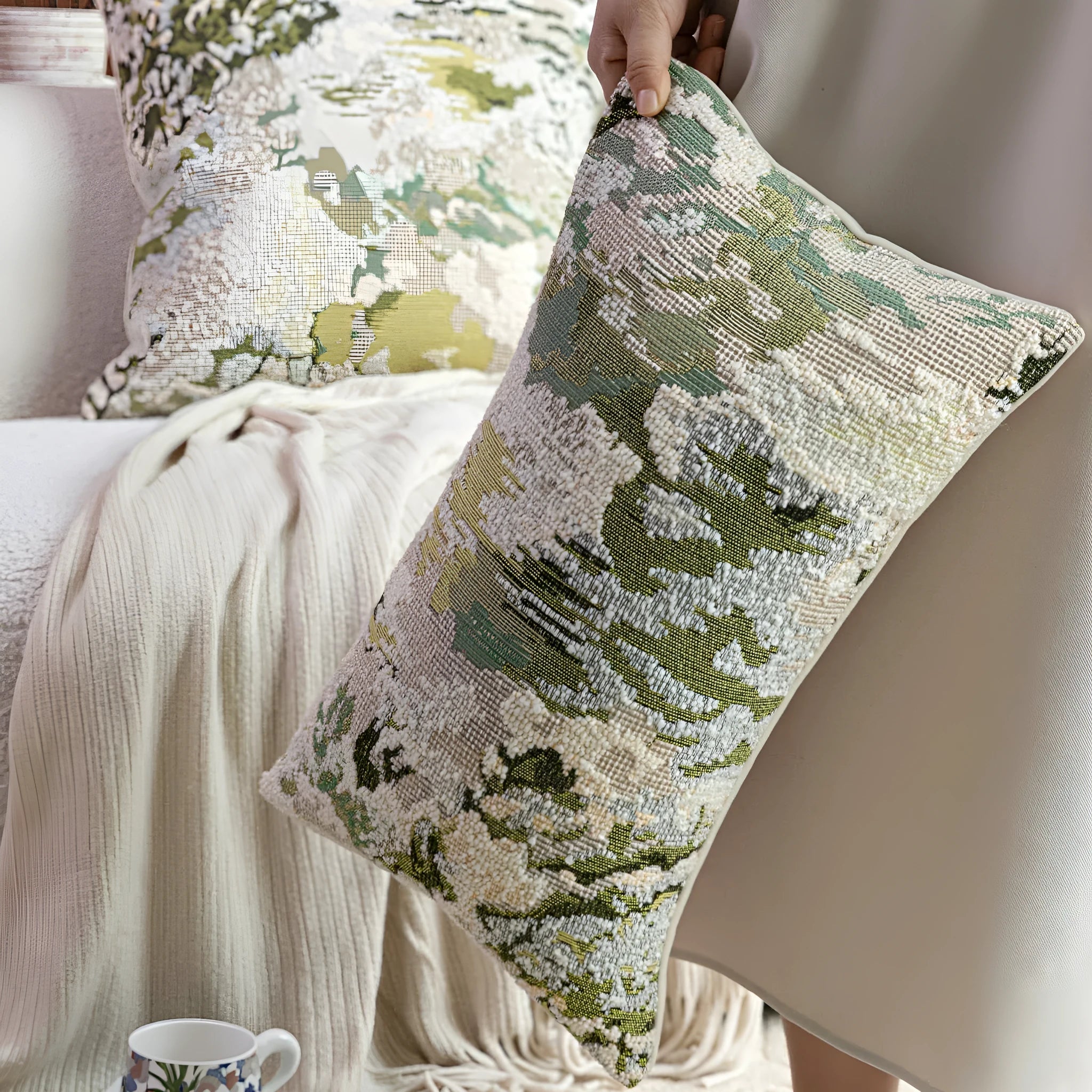 Antique green wool blend cushion cover with abstract spring flowers pattern, shown in square and lumbar sizes.