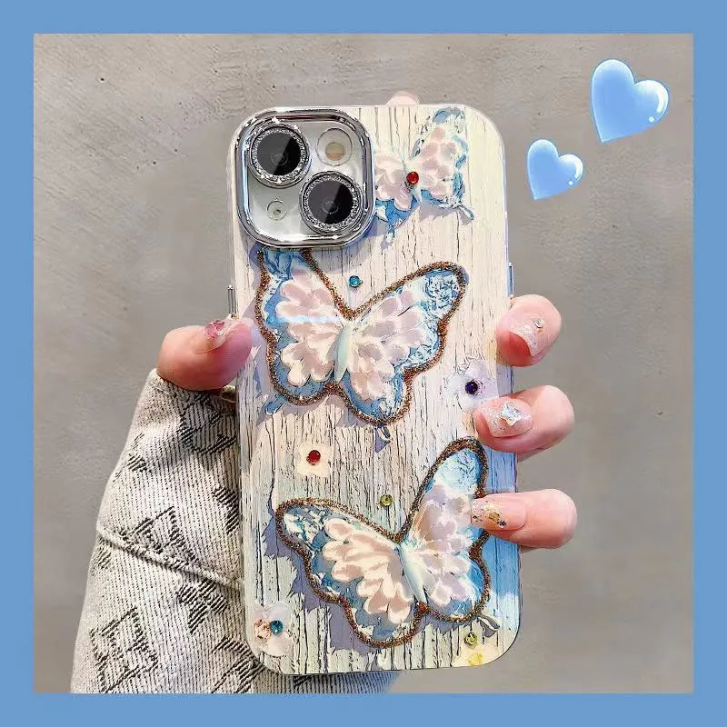 Butterfly oil painting printed plastic phone case for Apple iPhone, blue colour option, all-inclusive design