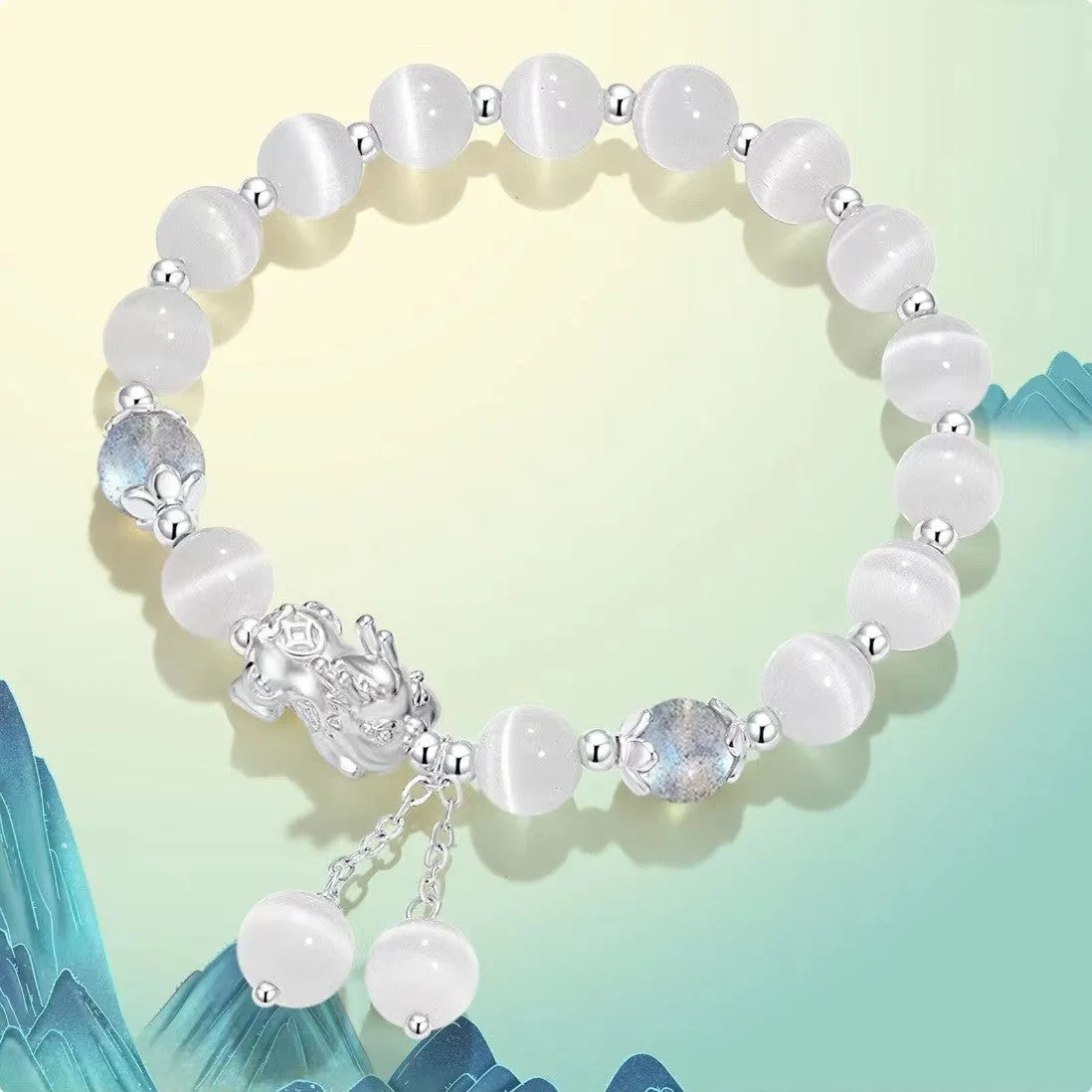 Natural black agate and gray opal couple bracelet with 10mm wave design and manual craftsmanship