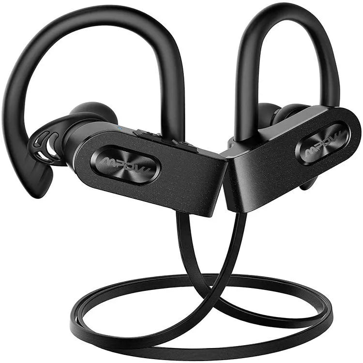 Red hanging ear Bluetooth headset showing the ear hook design and speaker unit