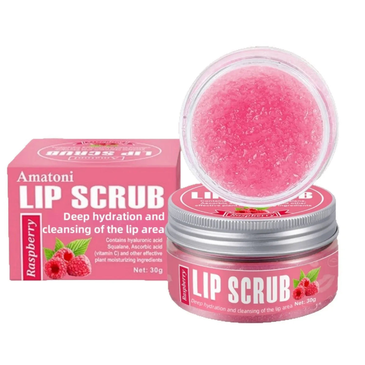 Amatoni 30g fruit flavour lip scrub cream in coconut, raspberry, vanilla or watermelon