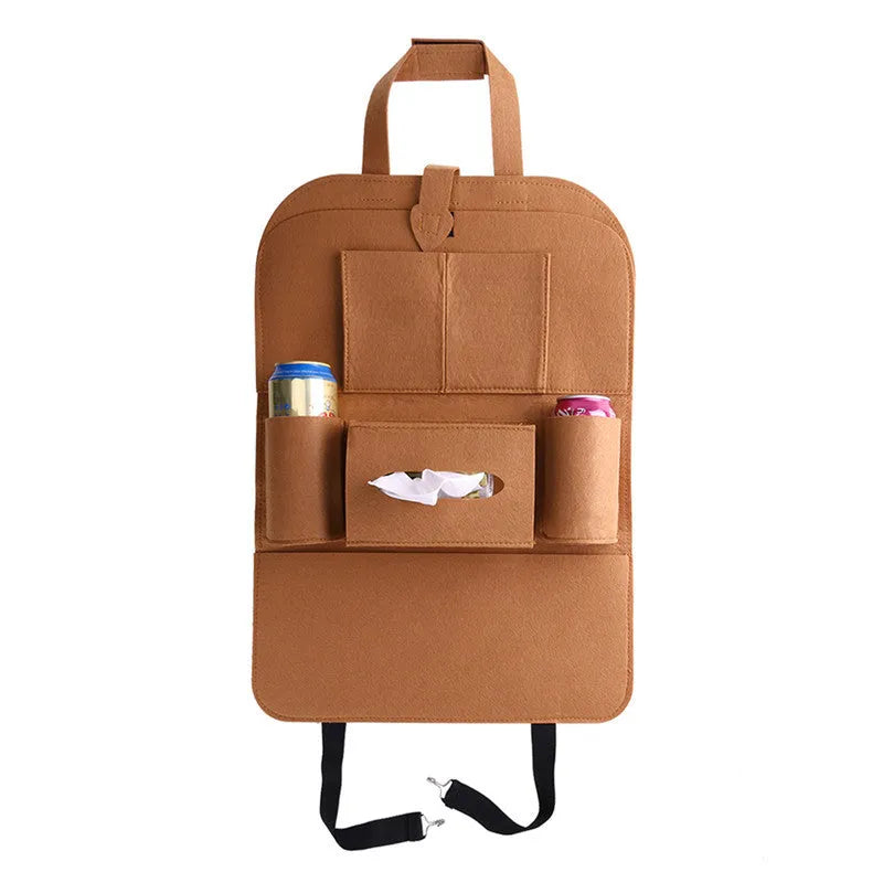 Beige car back seat storage bag with multiple felt pockets on a car seat