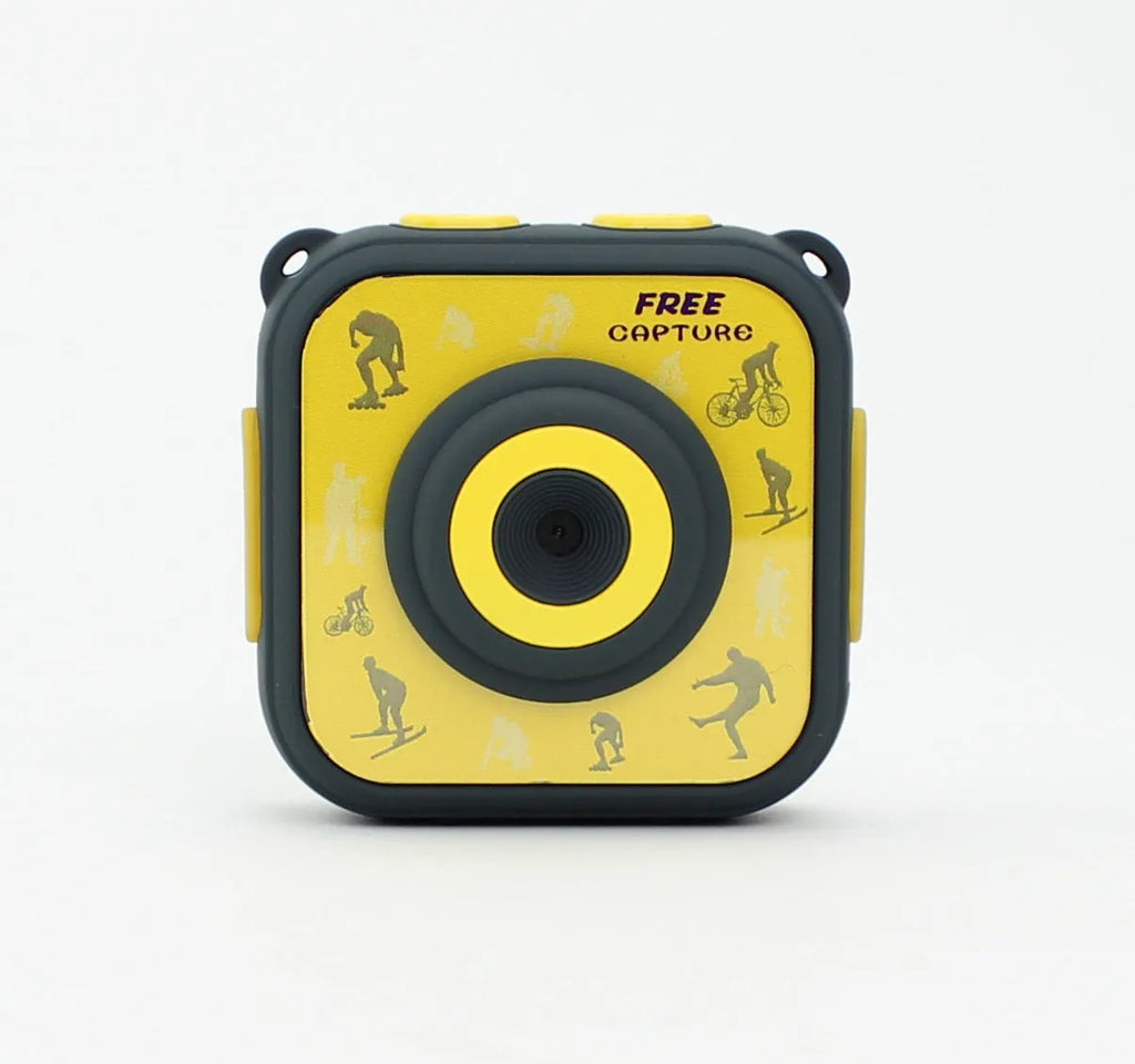 Yellow children's waterproof sports camera with a 1.77-inch screen, shown from the front.