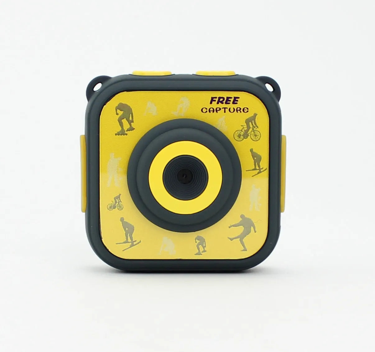 Yellow children's waterproof sports camera with a 1.77-inch screen, shown from the front.