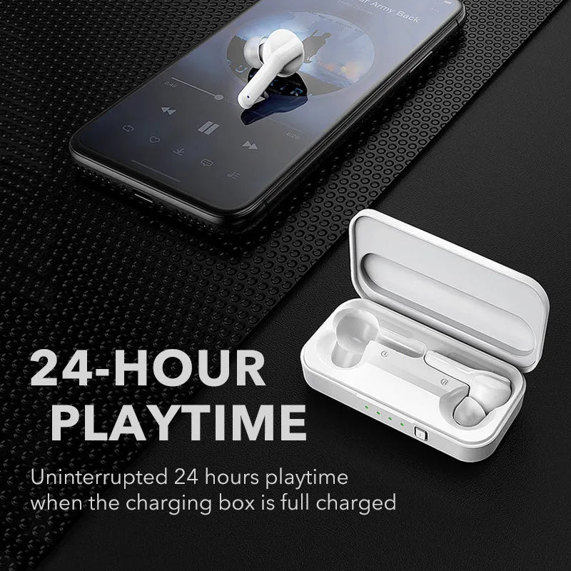 Black and white TWS wireless Bluetooth headphones with earbud design