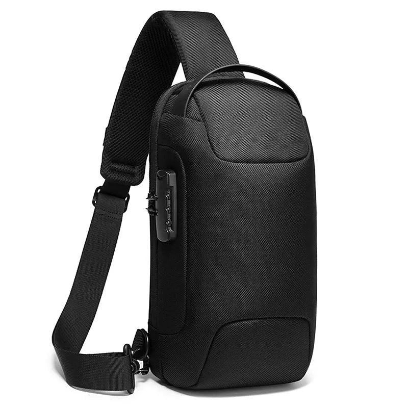 Men's crossbody shoulder bag in high-density Oxford cloth, 18cm x 10cm x 34cm, shown in black, grey, camouflage, blue and red