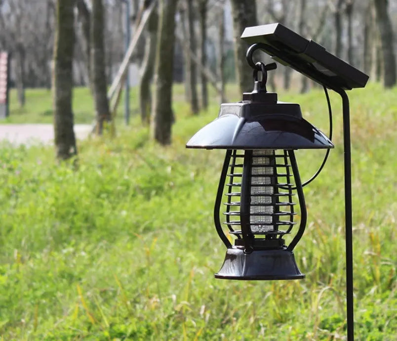 Black solar mosquito lamp with solar panel and LED lights for garden outdoor insect control