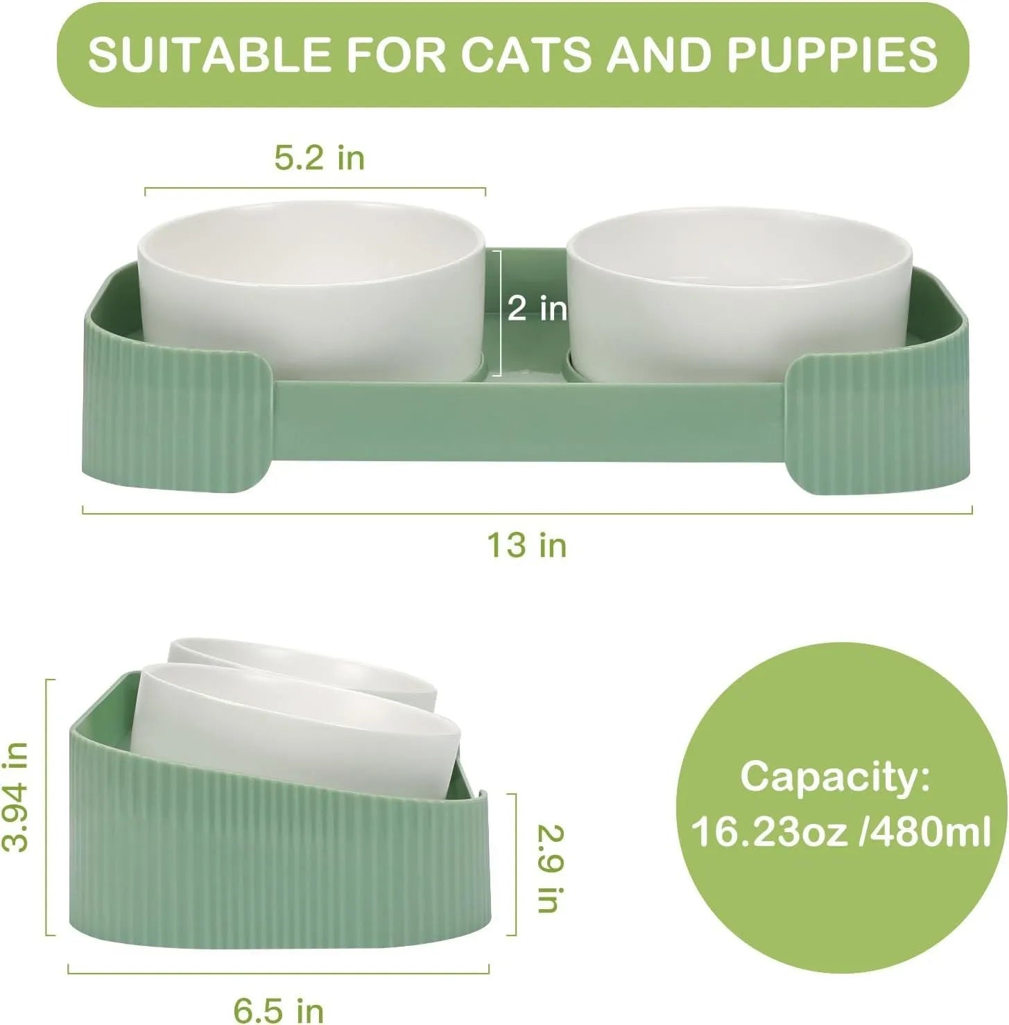 Green ceramic elevated cat bowl set with two bowls on a tilted, non-slip stand.