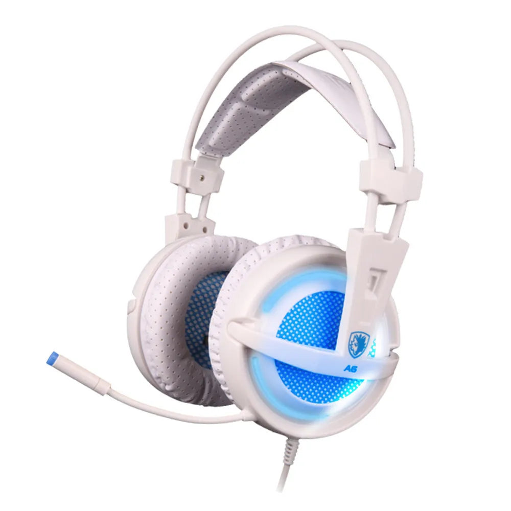 Black and white 7.1 USB gaming headset with RGB LED lights and padded ear cushions.