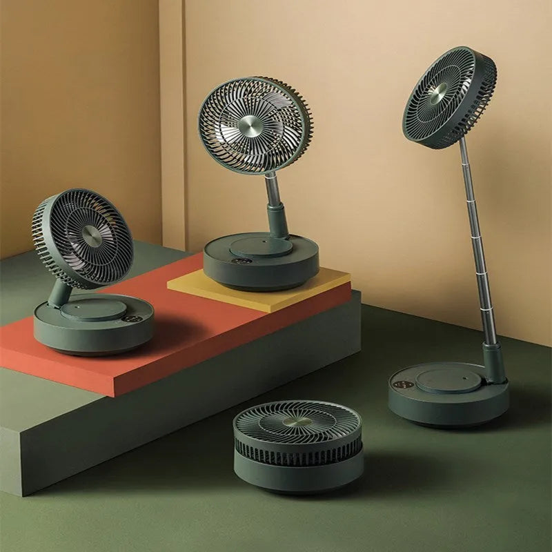 Green and white telescopic rechargeable floor fan with remote control, shown in both desktop and extended height modes.
