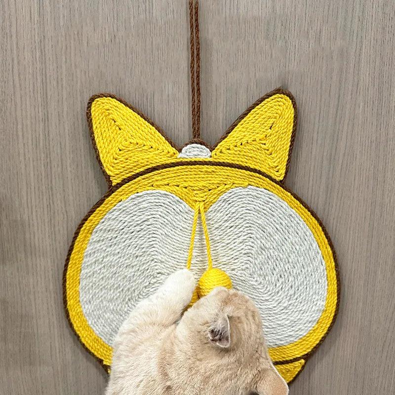 Yellow Corgi butt design sisal cat scratching board with anti-slip base measuring 37cm by 40cm
