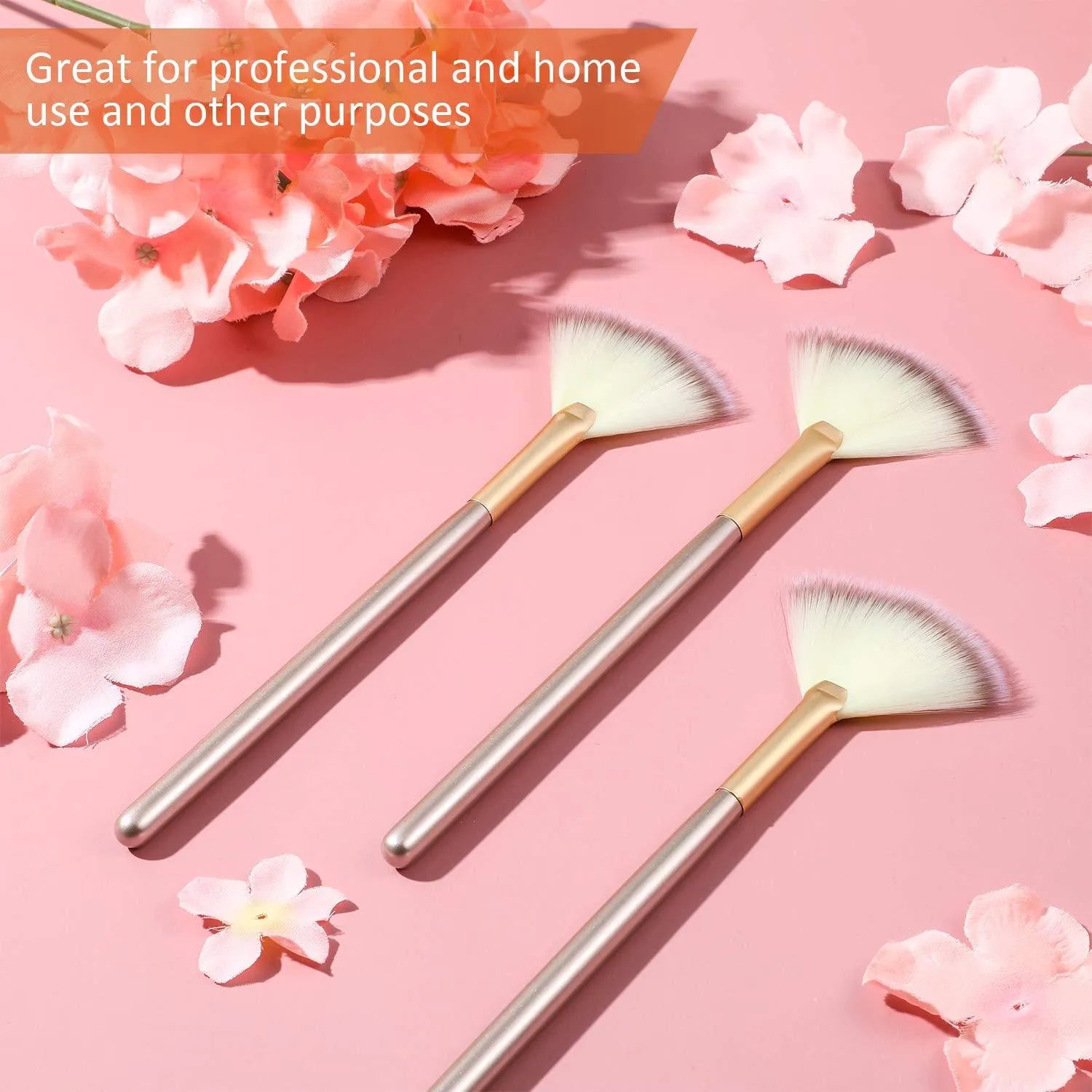 Set of 10 champagne-coloured wooden handle fan brushes with soft fibres and protective covers.