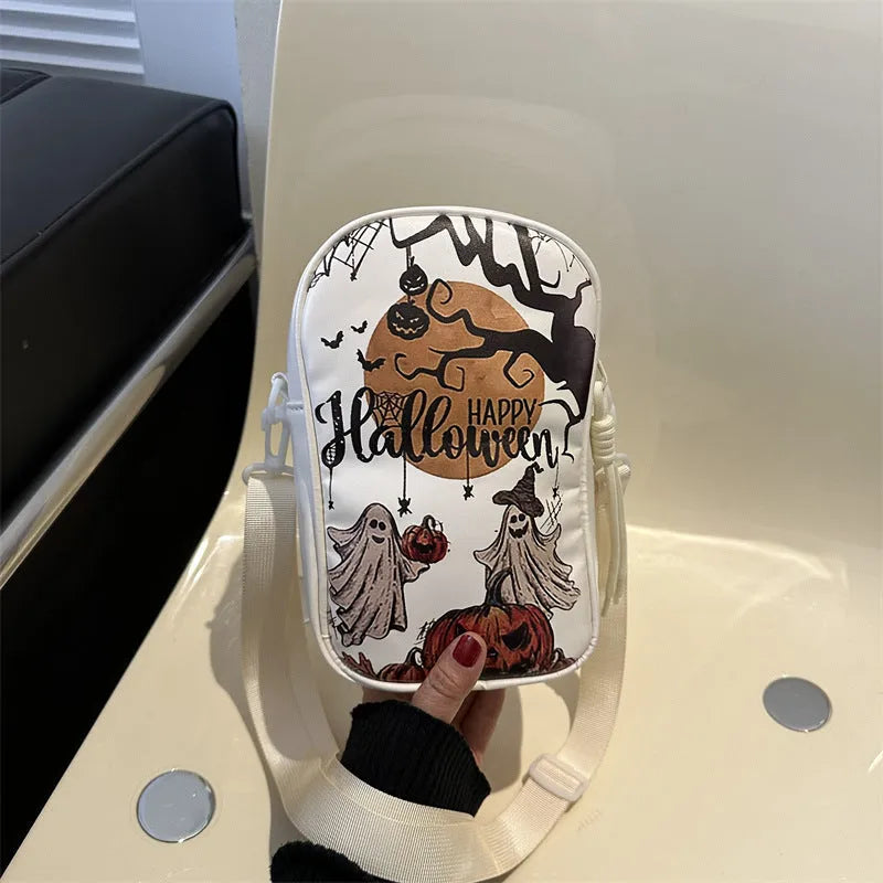 Women's Halloween graffiti print crossbody bag with pumpkin ghost bat cartoon design in black PU material