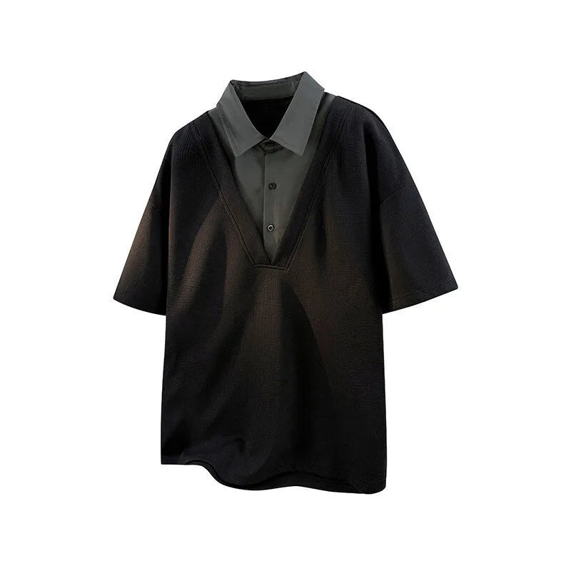 Men's thin Spandex polo sweater with a Henley collar in black and apricot colours.