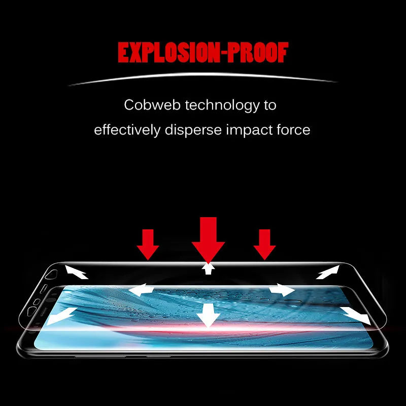 Purple light coloured hydrogel screen protector for curved-edge Samsung Galaxy phones on a table.