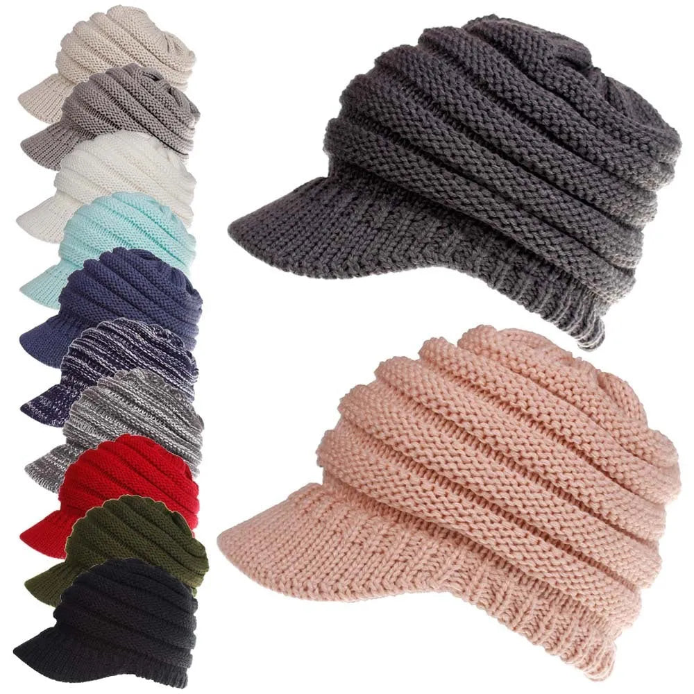 Women's knitted beanie with ponytail hole in acrylic yarn for winter wear
