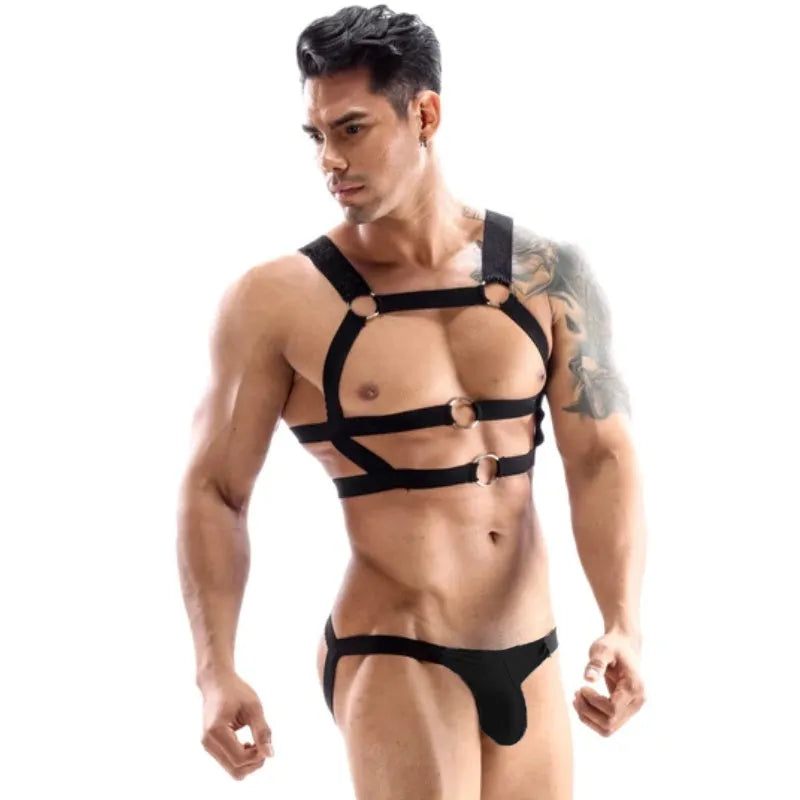 Male cotton low-waist thong set with chest belt in black colour
