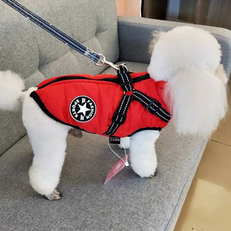 Waterproof dog coat with integrated harness in red, navy blue or army green rain silk fabric