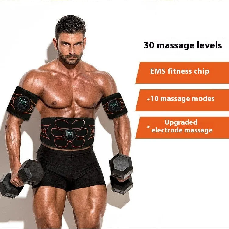 Silicone EMS belly shaping belt with muscle stimulator and hand and foot straps on a flat surface