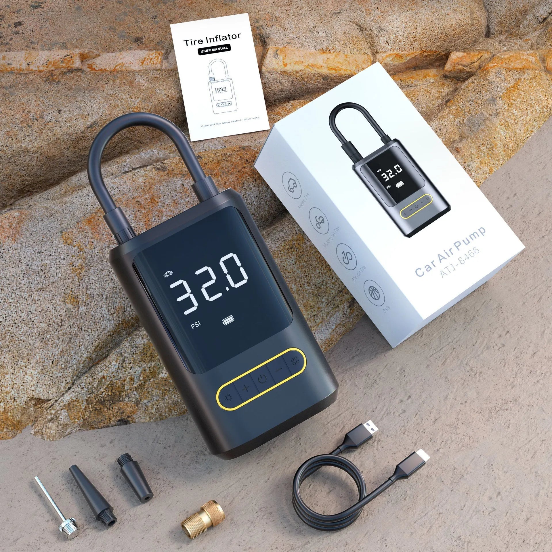 Handheld wireless digital air pump with display screen and LED light for car tyres