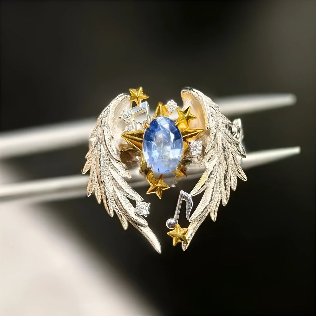 Angel wings geometric ring with adjustable open mouth design in alloy metal