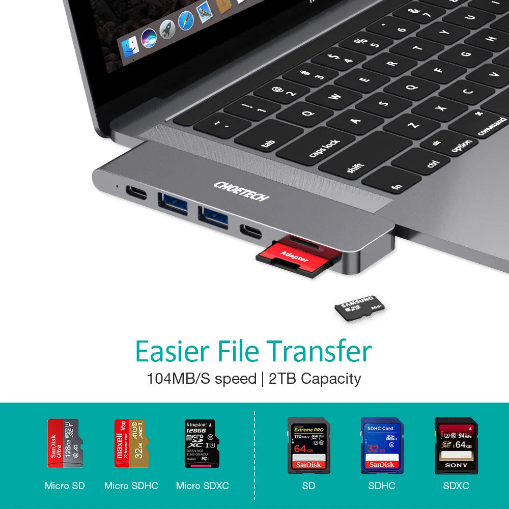 Aluminium alloy USB C hub with seven ports including SD card reader and 4K HDMI for laptops