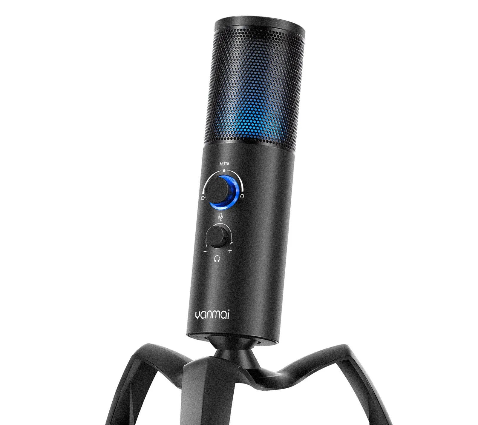 Black Q18 USB condenser microphone with RGB lights on a adjustable metal tripod
