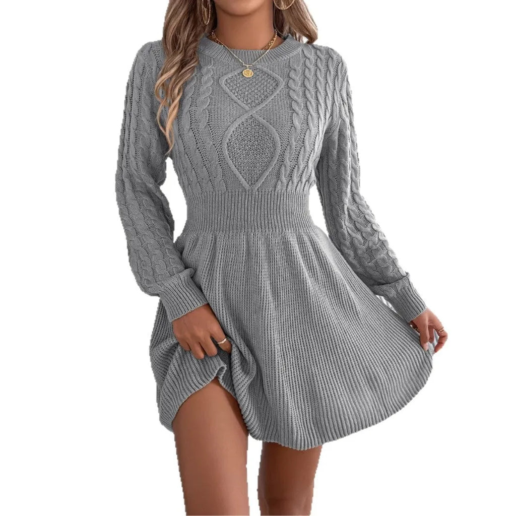 Women's artificial fur sweater dress with lantern sleeves and elastic waist in black, grey or wine red