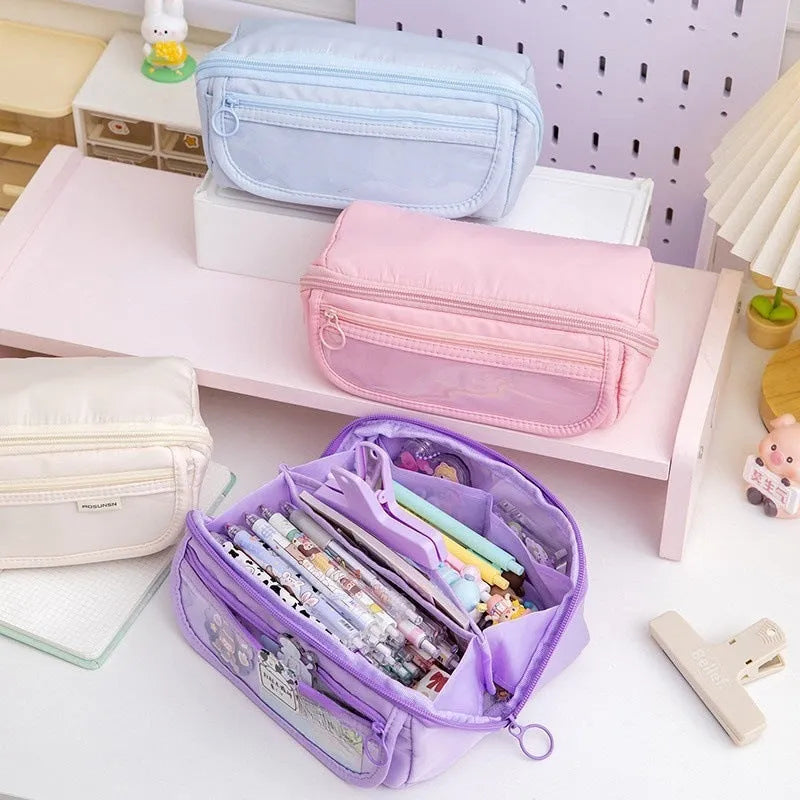 Canvas pencil case with flip design in Korean style showing organisation compartments
