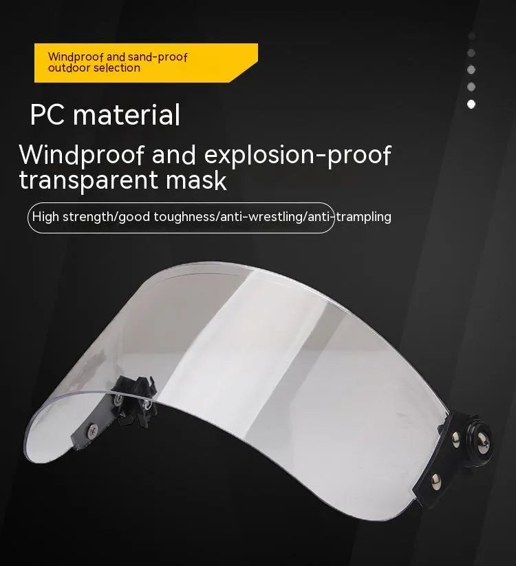 Transparent PC plastic sports helmet mask with a guide rail, shown in a clear colour.