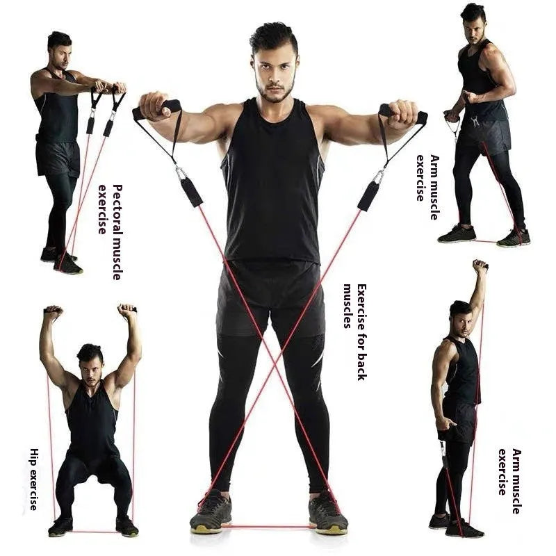 11-piece door sports combination pulling rope fitness set with large hook and small hook options on a white background.