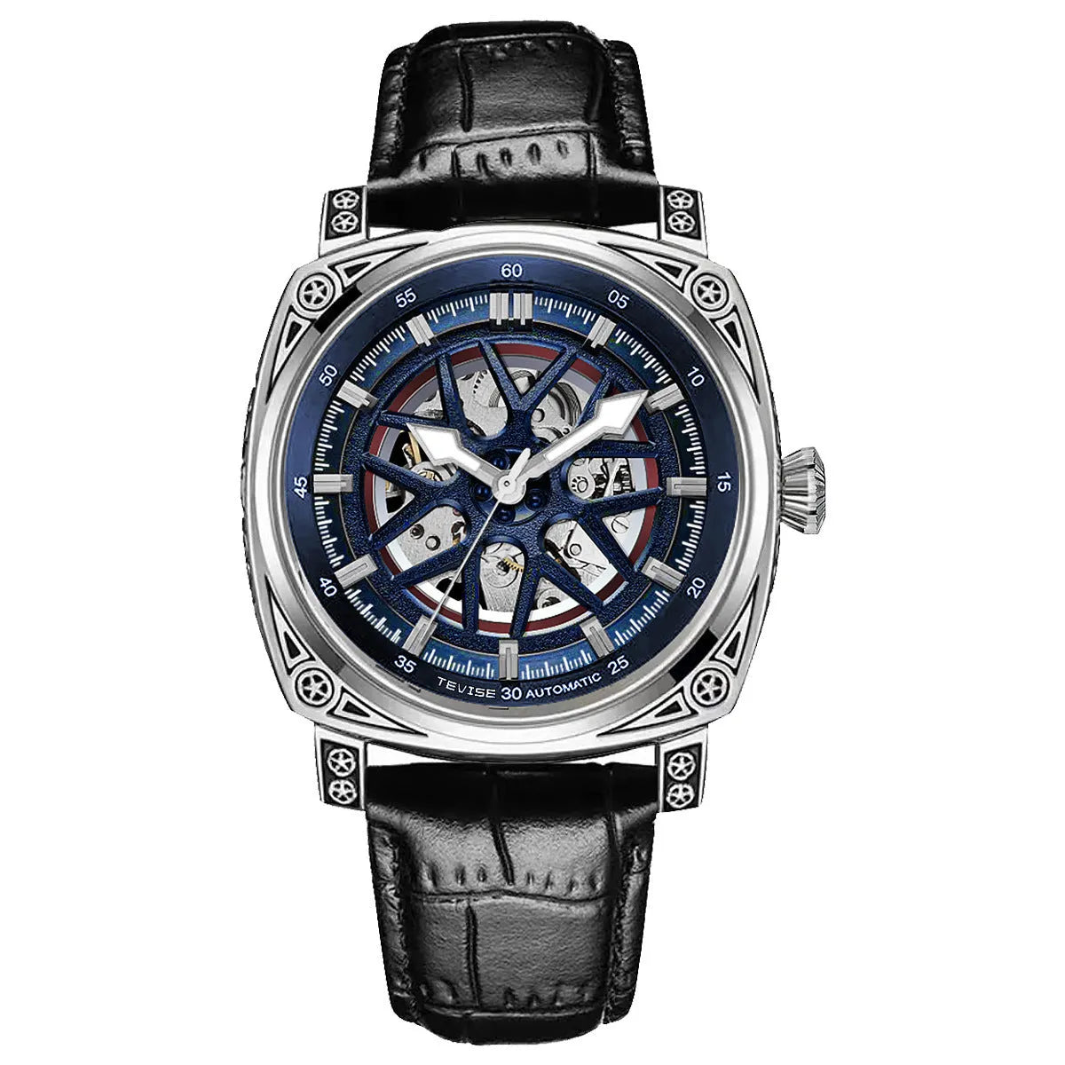 Automatic mechanical men's watch with stainless steel case and leather strap in four colour options