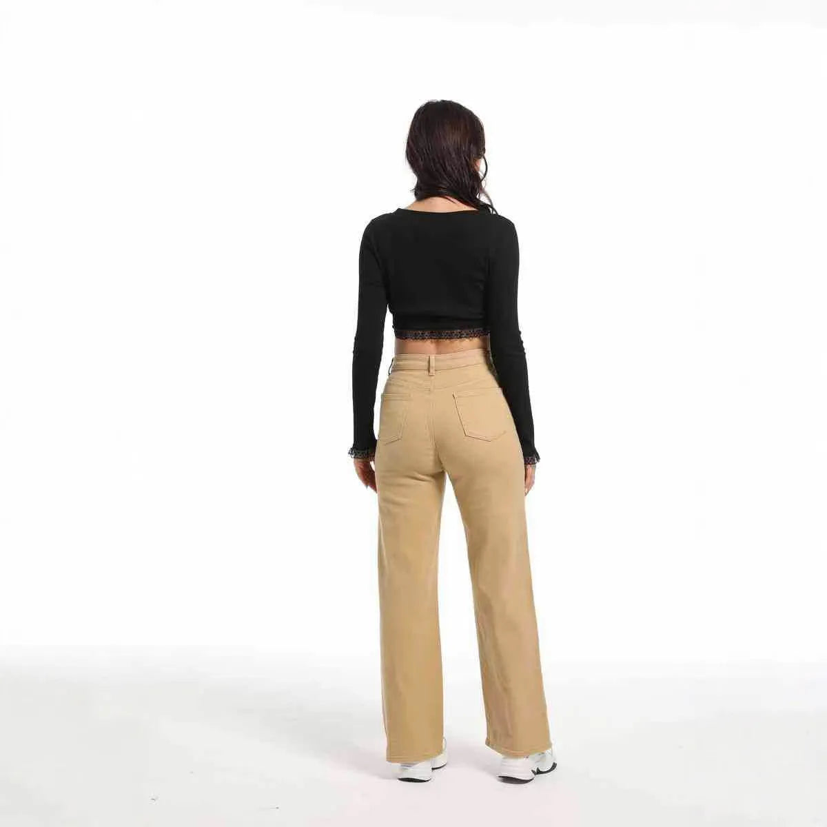 Women's apricot high-waist wide-leg straight jeans made from cotton.