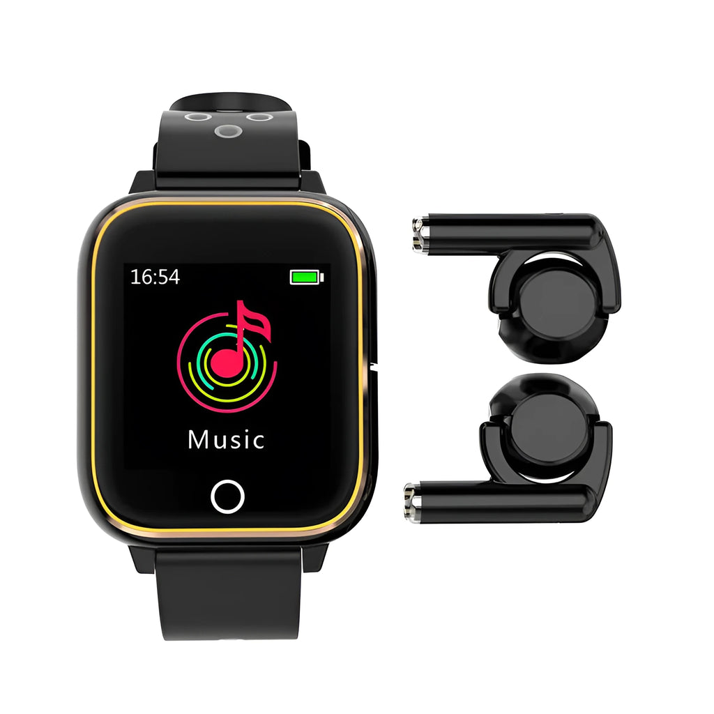 Black smartwatch with detachable Bluetooth earbuds stored in the watch case.
