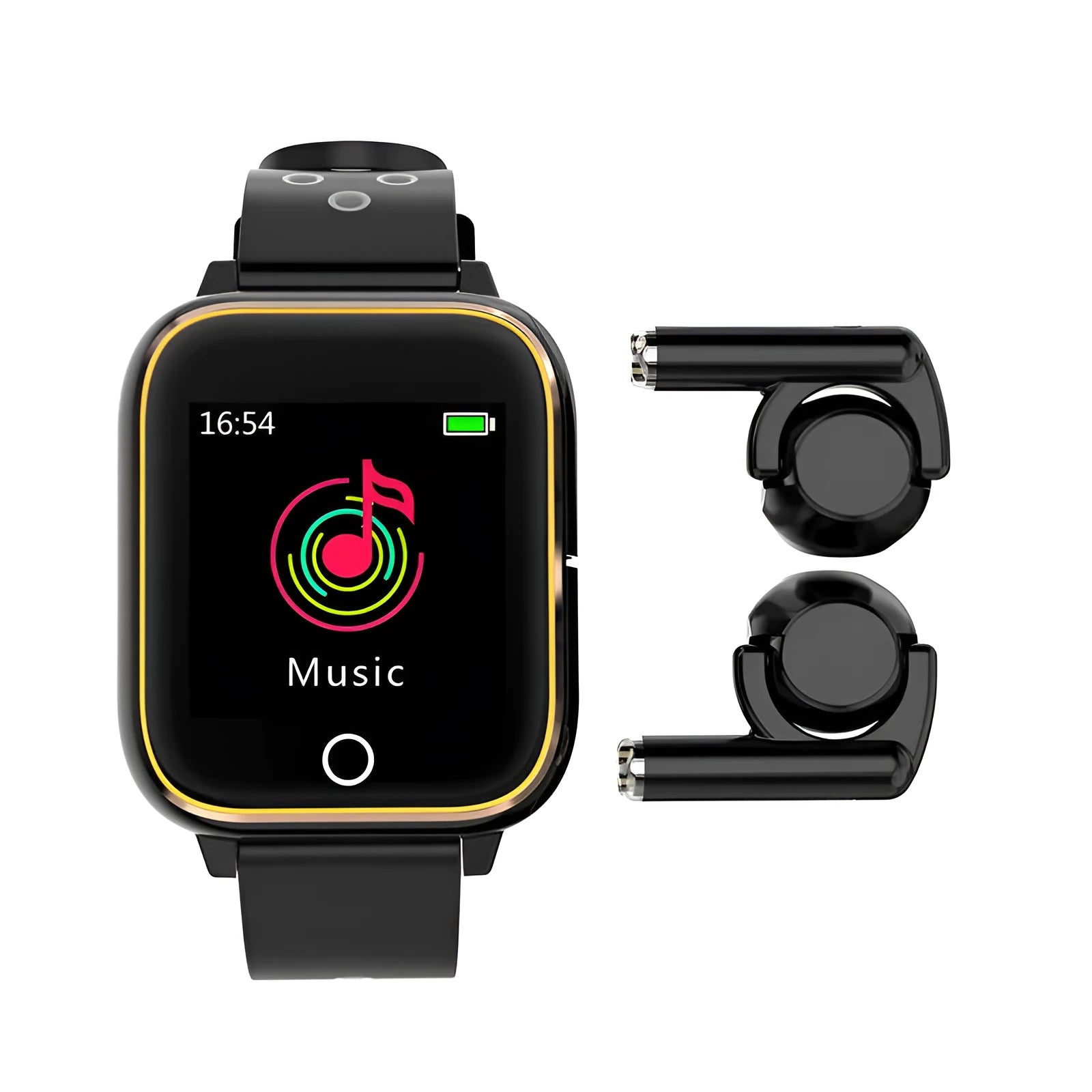 Black smartwatch with detachable Bluetooth earbuds stored in the watch case.