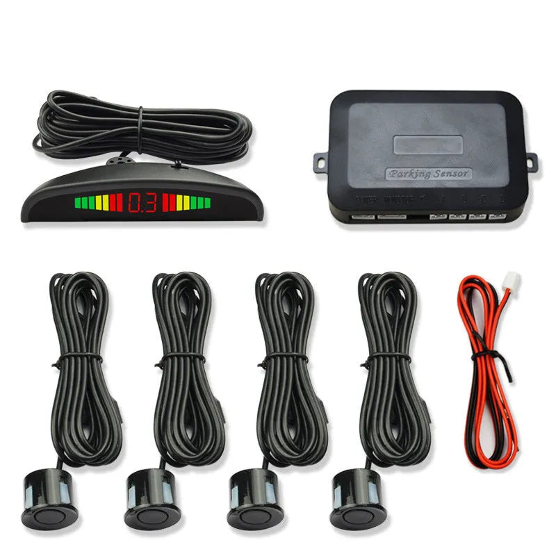 12V reversing radar parking sensor kit with four black ultrasonic probes and digital LED display control box