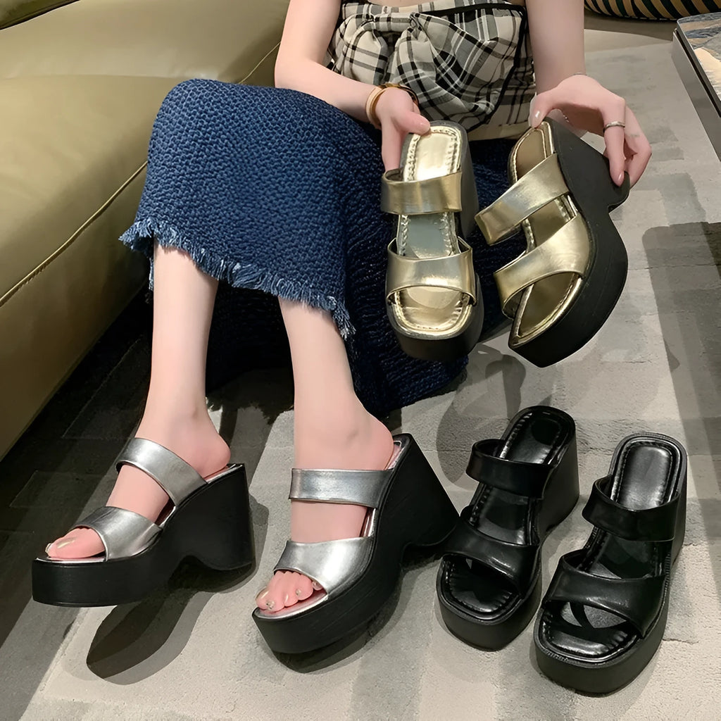 Women's black wedge platform high heel slippers with a square toe design