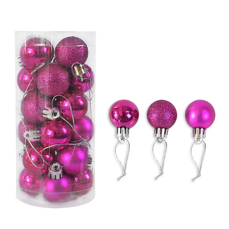 Small 3cm diameter shiny matte plastic Christmas bauble in assorted colours including gold, red, silver, and blue.