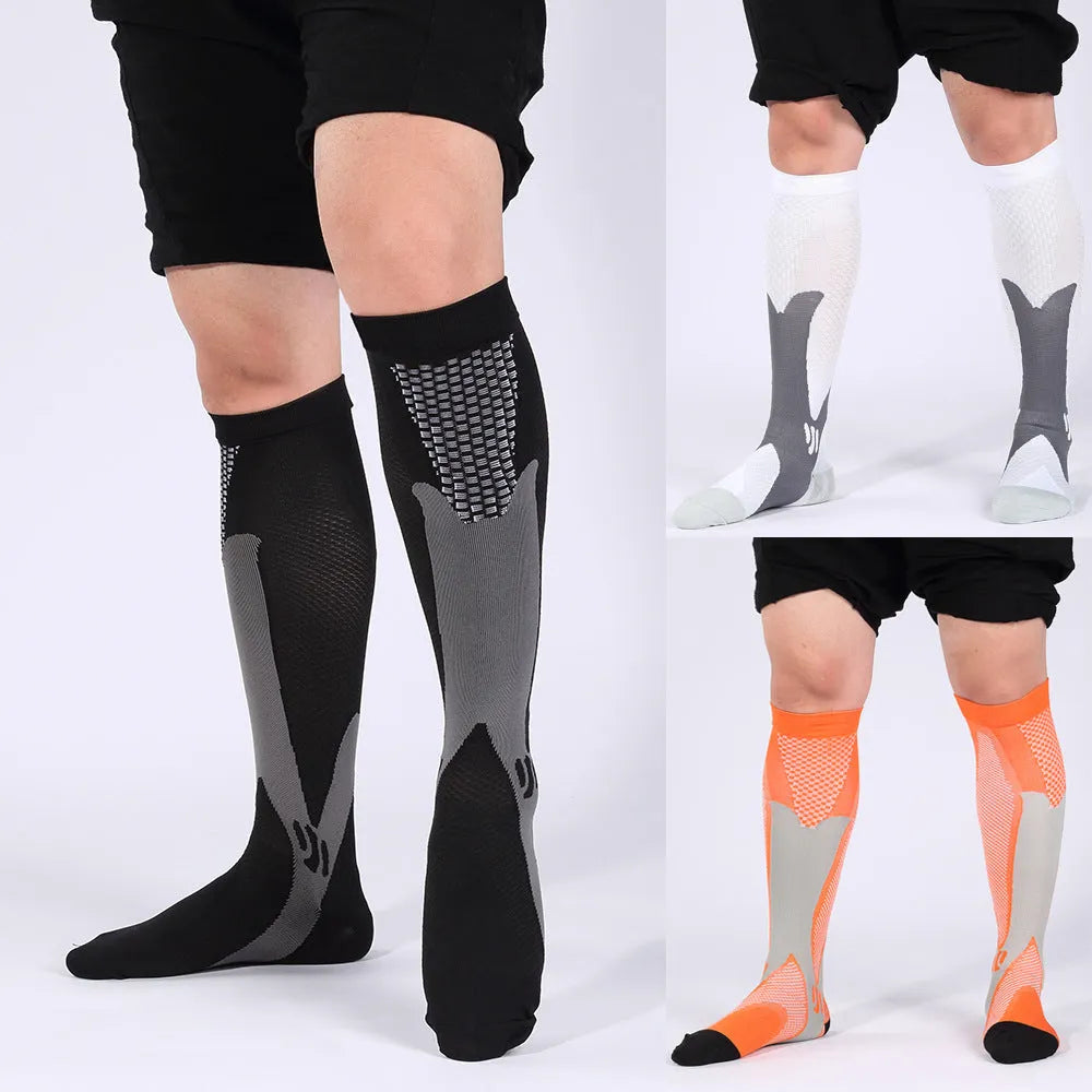 Nylon outdoor sports compression socks in S/M, L/XL and XXL/XXXL, shown in black, blue, orange, pink, red and white.