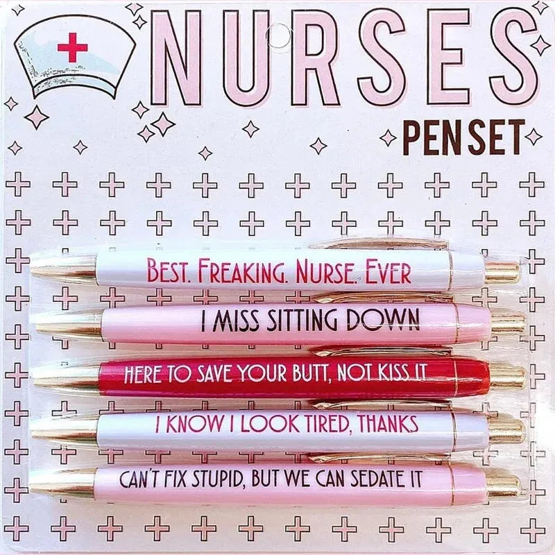 Five nurse-themed retractable ballpoint pens displayed together