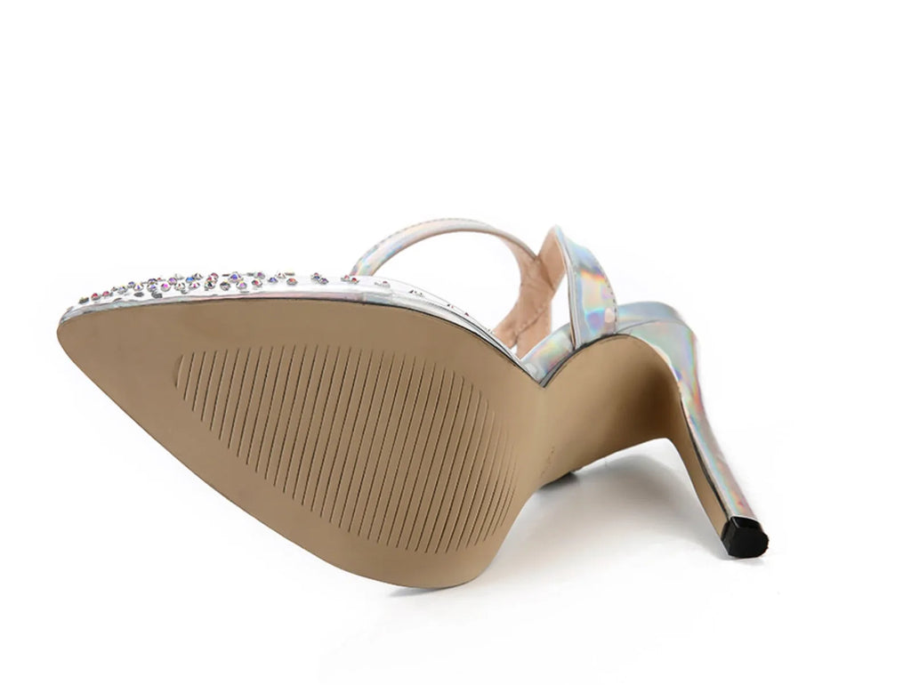 Women's pointed diamond pattern sandals with a stiletto heel, shown in size 38 with a PVC upper.