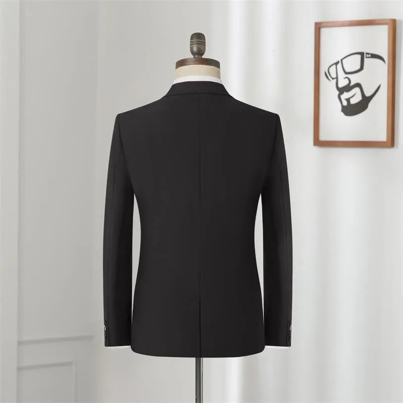 Men's slim fit black single-breasted business suit jacket with flat collar and back slit
