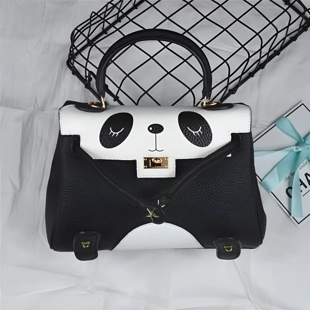 Panda animal print cow leather handbag in a square shape, shown in two size options.