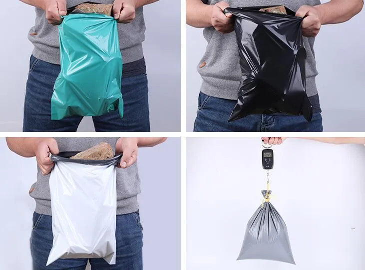 A bundle of 100 clear PE courier bags with self-adhesive sealing stickers in various sizes.