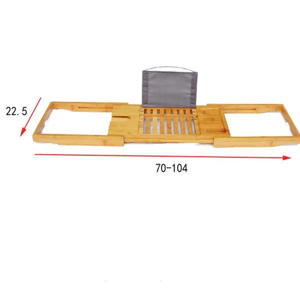 Natural bamboo bathtub caddy frame for organising shampoo and soap on a bathroom desktop.