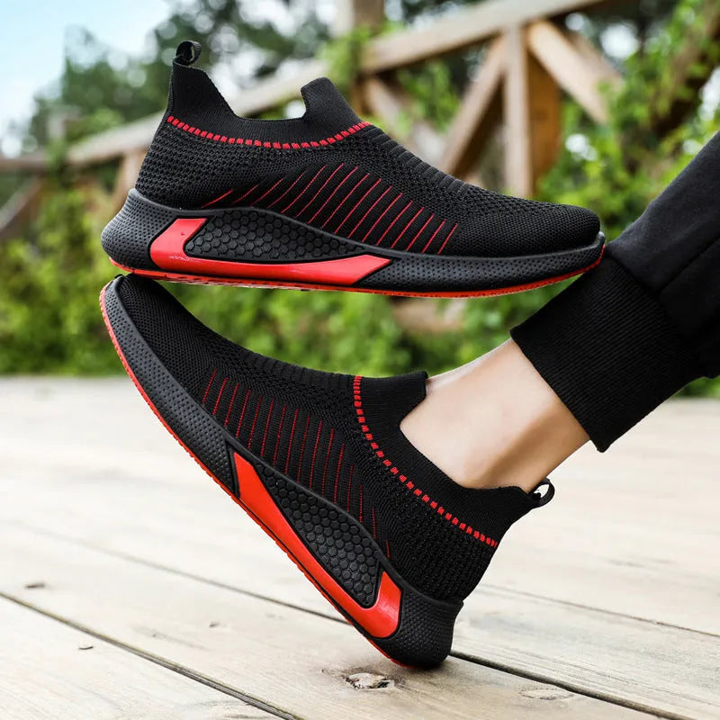 Men's mesh sock shoes with striped flyknit upper and slip-on design