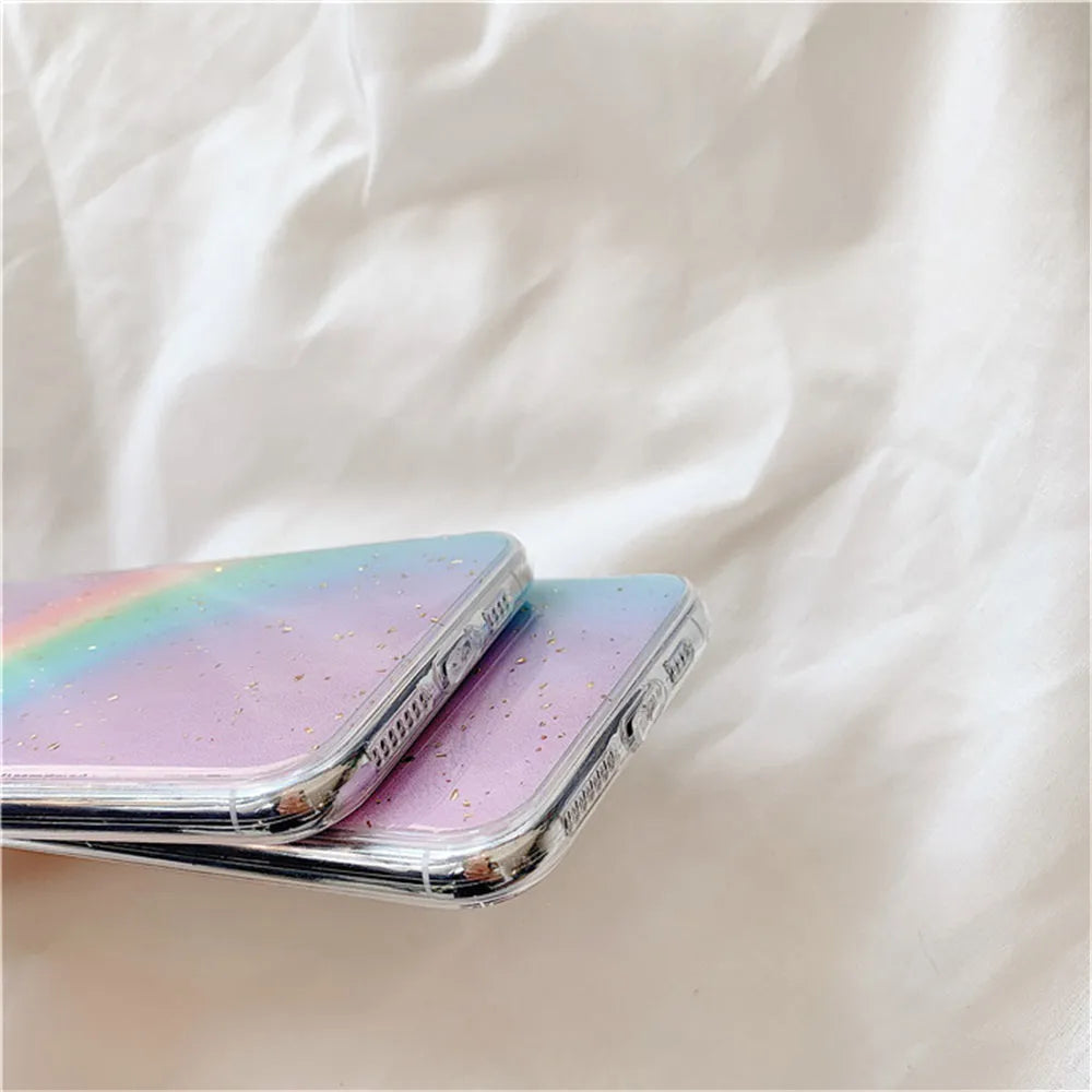Rainbow gradient striped flexible TPU case for iPhone on a white background.