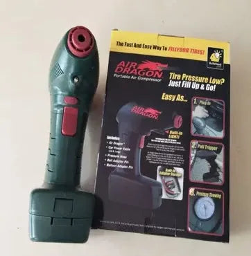 Portable car air pump with digital display and LED light showing 12V power connection and extended air hose